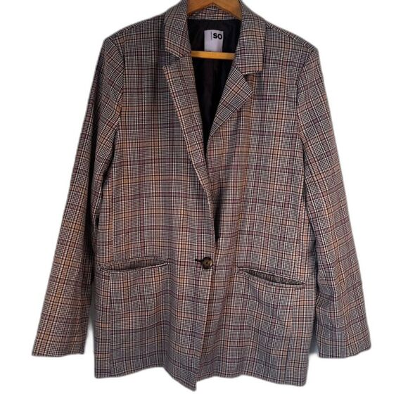 SO Brown Plaid Classic Single Breasted One Button Corpcore Blazer Size Large - Picture 1 of 11